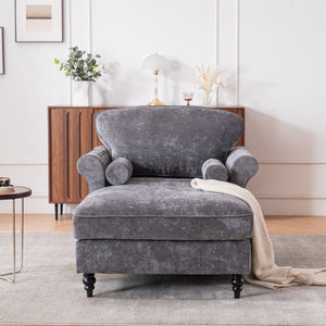 English Elm [New] Oversized Chaise Lounge Indoor Chenille Sleeper Recliner Armchair with Wide Foam Seat & Pillows DARK GREY W2363S00085