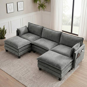 English Elm Modern Chenille Three Seat Sofa with Ottoman Usb Charging Ports and Storage Pockets Dark Grey W2519S00003