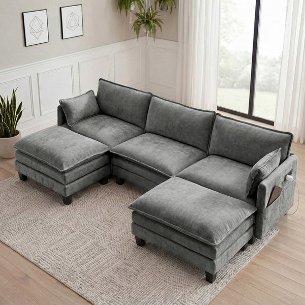 English Elm Modern Chenille Three Seat Sofa with Ottoman Usb Charging Ports and Storage Pockets Dark Grey W2519S00003
