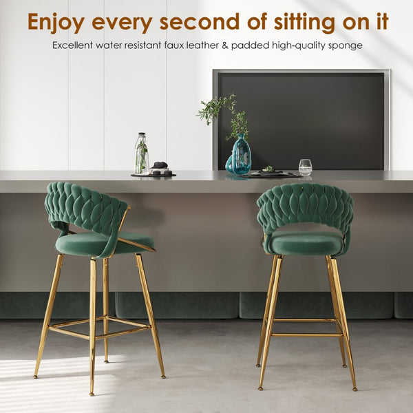 English Elm Counter Height Stools Set of 2 Mid-century Metal Legs Ergonomic Kitchen Island Seating Green T3623P430872