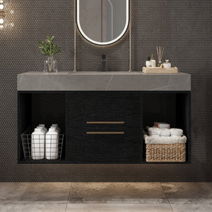 English Elm 39.4 Inch Floating Bathroom Vanity Sintered Stone Top Solid Wood 2 Soft Close Drawers W3136S00037