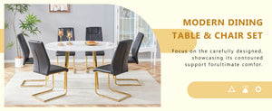 English Elm Table and 6 Chair Extendable Mdf Dining Set with Gold Arched Legs Modern Style Black,White+Gold W1151S03946
