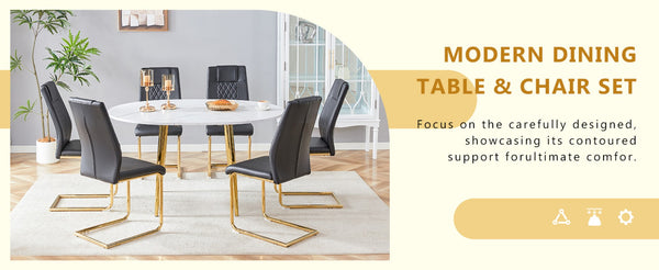 English Elm Table and 6 Chair Extendable Mdf Dining Set with Gold Arched Legs Modern Style Black,White+Gold W1151S03946