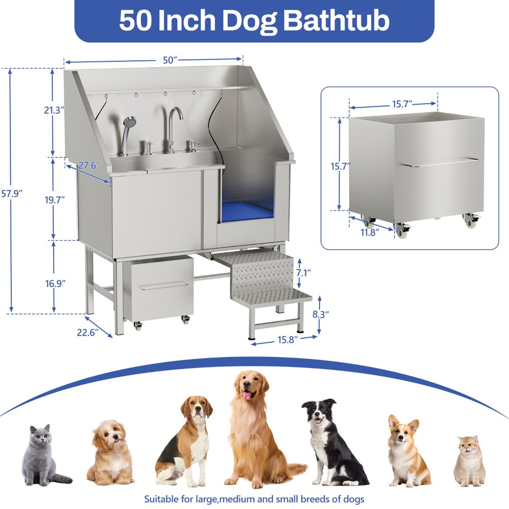 English Elm 50instainless Steel Pet Grooming Tub with Ramps Soap Box and Welded Seamless Basin W3190S00001
