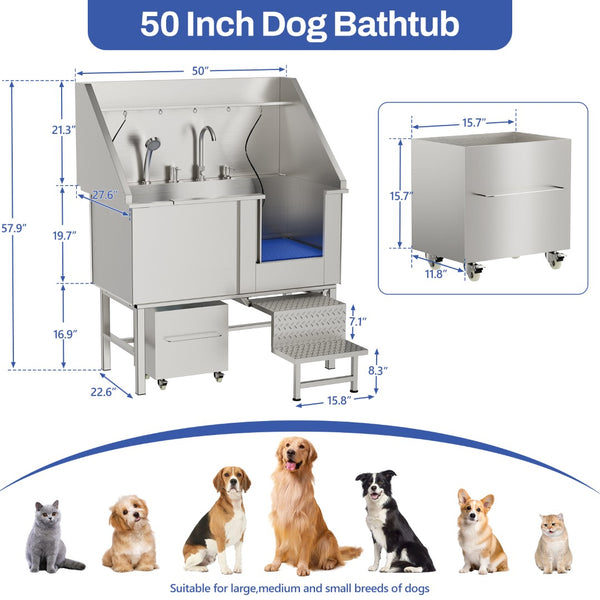 English Elm 50instainless Steel Pet Grooming Tub with Ramps Soap Box and Welded Seamless Basin W3190S00001