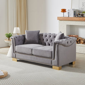English Elm {video] Chesterfield Two-seater Velvet Sofa with Nailhead Trim and Tufted Gold Leg Luxury Grey W1926S00105