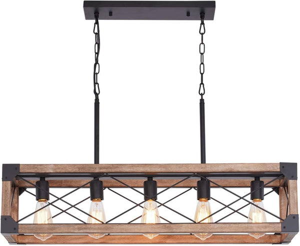 English Elm Farmhouse Linear Chandelier – 5-Light Rustic Dining Room Light Fixture With Solid Wood & Metal Accents W2738P185425