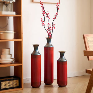 English Elm Floor Red Metal Vase Set 3-Piece Droplet Sculptures — Modern Glazed Tall Decorative Vases for Home W2796P371277