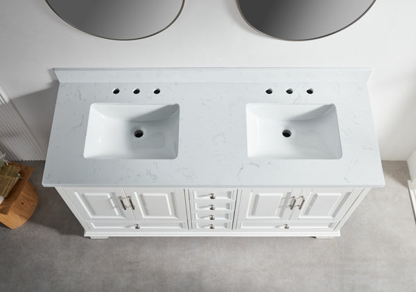 English Elm Fully 60'' Freestanding Double Bathroom Vanity with Solid Wood Base and Carrara Engineered Marble Top White W1826P382807