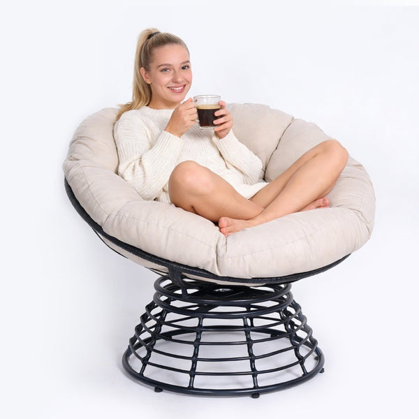 English Elm Oversized Papasan Swivel Chair Woven Resin Wicker Bowl Seat with Plush Foam Cushion Black+ Gray T5880P492325