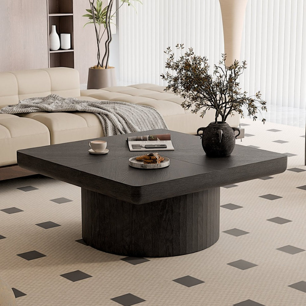 English Elm 34.6'' Square Coffee Table Parquet Wood Veneer Sculptural Cylindrical Base Modern Living Room Black W1435P337648