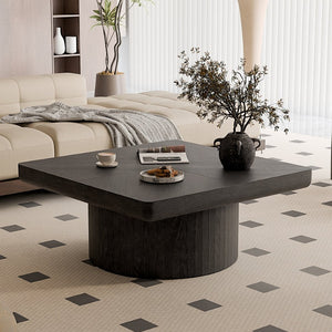 English Elm 34.6'' Square Coffee Table Parquet Wood Veneer Sculptural Cylindrical Base Modern Living Room Black W1435P337648