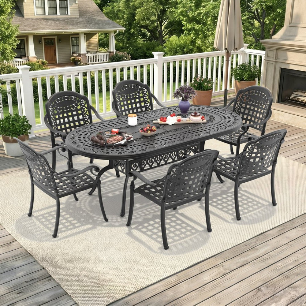 English Elm 7-piece Cast Aluminum Outdoor Dining Set with Ornate Carved Patio Garden Chairs W1710S00596