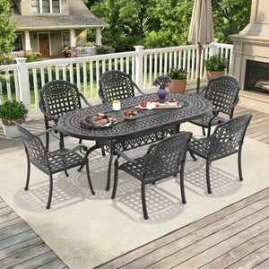 English Elm 7-piece Cast Aluminum Outdoor Dining Set with Ornate Carved Patio Garden Chairs W1710S00596