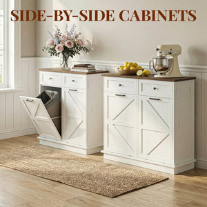 English Elm Double Tilt Out Trash Bin Cabinet with Drawers Odor Blocking Kitchen Laundry Storage Brown+Distressed White T5831P489225