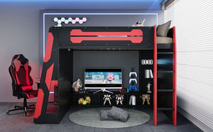 English Elm Full Size Wood Loft Bed with Rgb Lighting Desk Storage and Gaming Console Shelf Red LT000260AAR