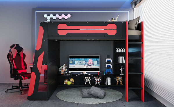 English Elm Full Size Wood Loft Bed with Rgb Lighting Desk Storage and Gaming Console Shelf Red LT000260AAR
