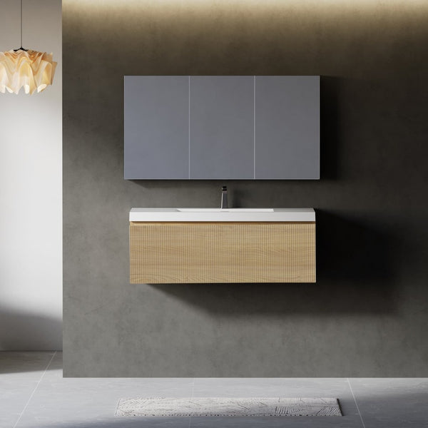 English Elm 42'' Floating Vanity Smoked Walnut Fluted Ink Black Drawer Soft Close Quartz Basin Oak Natural Wood + Off White W1573P265200