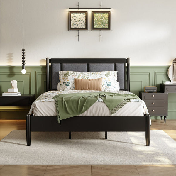 English Elm Solid Pine Queen Bed Industrial Upholstered Headboard with Iron Handles 500 Lb Frame Black,Dark Grey N770PQ361408B