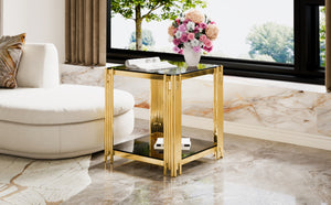 English Elm Modern Round Mirrored Glass End Table with Gold Metal Frame and Lower Display Shelf Black N735P380093B