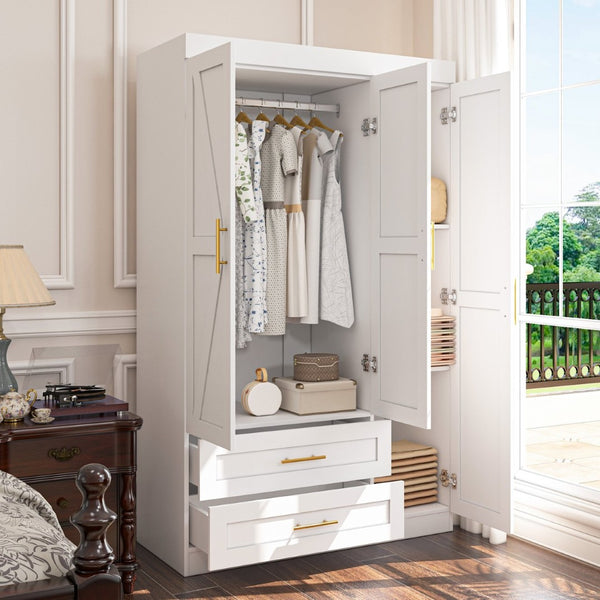 English Elm Shaker Three Door Wardrobe Armoire with Hanging Rod and Shelves for Bedroom White T3210S00005