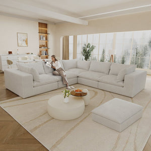 English Elm 118.2" Modular Cloud Sofa Corduroy Upholstered Deep Seat Lounge for Living Room White W2824S00161