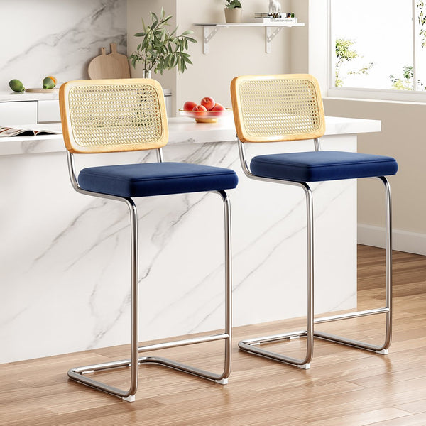 English Elm Counter Height Bar Stools Set Of 2 - Chic Royal Blue Velvet With Rattan Back For Modern Spaces T3623P360717
