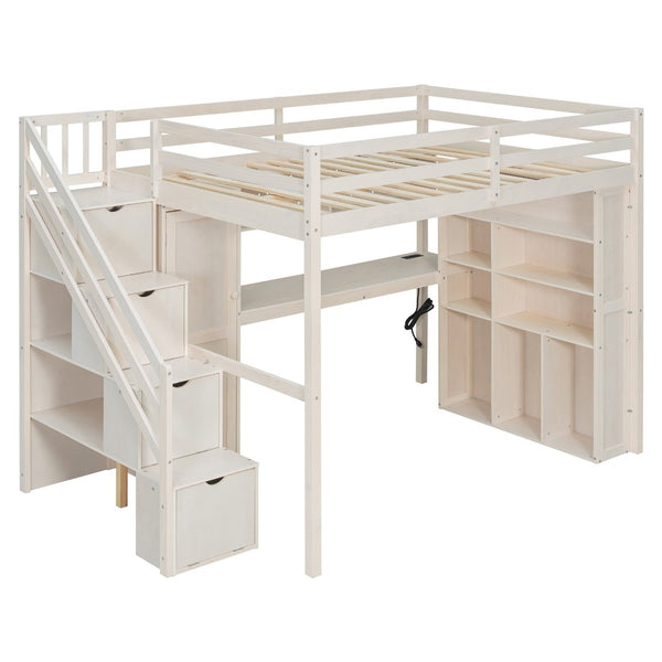 English Elm Full Loft Bed with Integrated Wardrobe Desk Shelving and Led Lighting for Teen Rooms Beige LT000927AAA