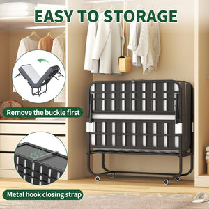 English Elm 75"x46" Wide Folding Bed with 5" Memory Foam, Adjustable Headboard, 450lb Heavy-Duty Frame, Wheels — Portable Comfort for Tall Guests T2398P403869