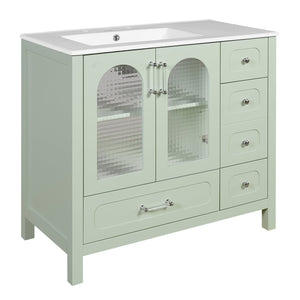English Elm 36" Green Bathroom Vanity with Waffle Texture Doors, 4 Drawers, Glass Panels, Soft-Closing, Modern Storage N710P280025C