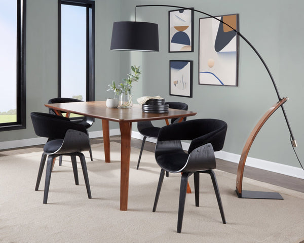 English Elm Mid-century Modern Arc Floor Lamp with Bentwood Base and Black Linen Reading Shade B202S02209
