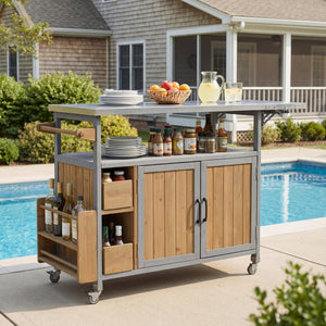 English Elm 54.33" Farmhouse Outdoor Kitchen Cart Solid Fir Frame Steel Top Storage Bbq Prep Blue Gray,Walnut Brown N767P379702B