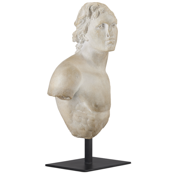 Young Royal Greek Torso Sculpture - Aged Beige Composite Artwork on Metal Base for Elegant Decor