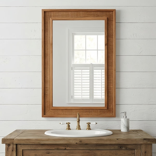 English Elm Natural Rattan Wrapped Solid Wood Frame Rectangle Mirror for Farmhouse Entryway Bath Yellowish-Brown W2203P436625