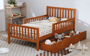 English Elm Twin Pinewood Platform Bed with Headboard, Guardrails & Two Underbed Drawers for Storage Walnut 70.6 L x 17.1 W x 5.9 H N733P172696D