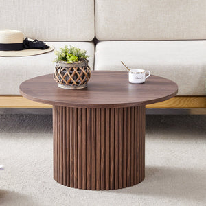 English Elm A modern circular coffee table Walnut 27.5" MDF top with cylindrical Roman legs, hidden storage, vintage flair W1151P270614
