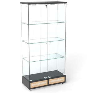 English Elm Modern Glass Display Cabinet With Led Lights, 4 Shelves & Drawers - Stylish Furniture For Collectors W241S00057