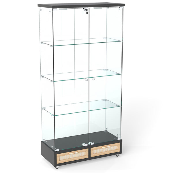 English Elm Modern Glass Display Cabinet With Led Lights, 4 Shelves & Drawers - Stylish Furniture For Collectors W241S00057