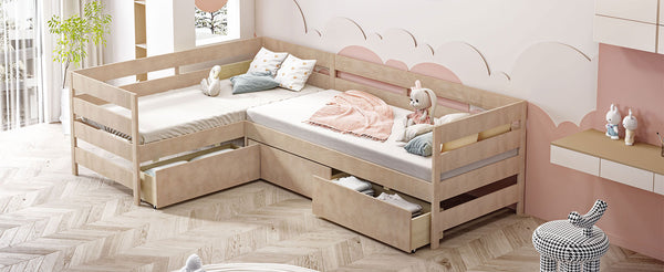English Elm Twin L-Shaped Platform Bed with Three Spacious Drawers, Solid Pine & MDF, Clean-Lined Design Natural N7090000468N