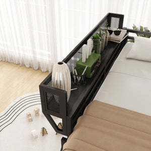 English Elm Queen Size Metal Loft Bed with Ladder and Built-In Storage Shelves, Sturdy High Bed for Teens 99" Black W2580P379983