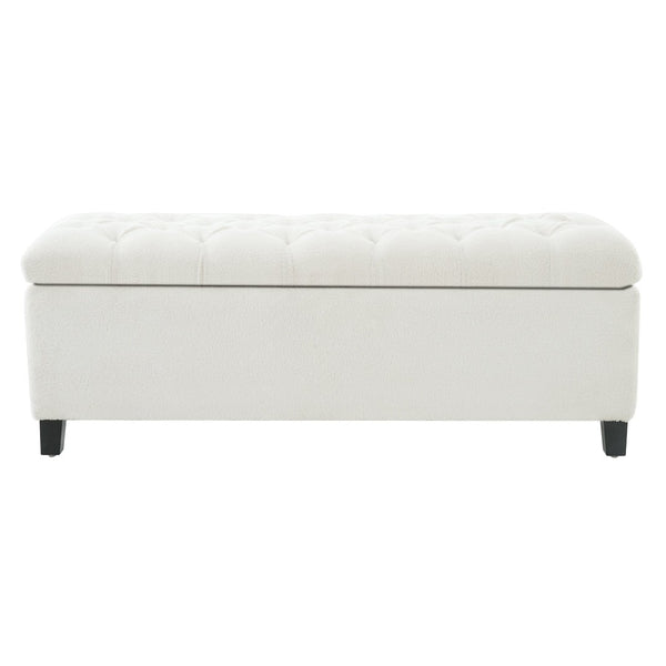 English Elm Ottoman Storage Bench Boucle Tufted Upholstered with Rubberwood Legs Bedroom Entryway N779P369512W