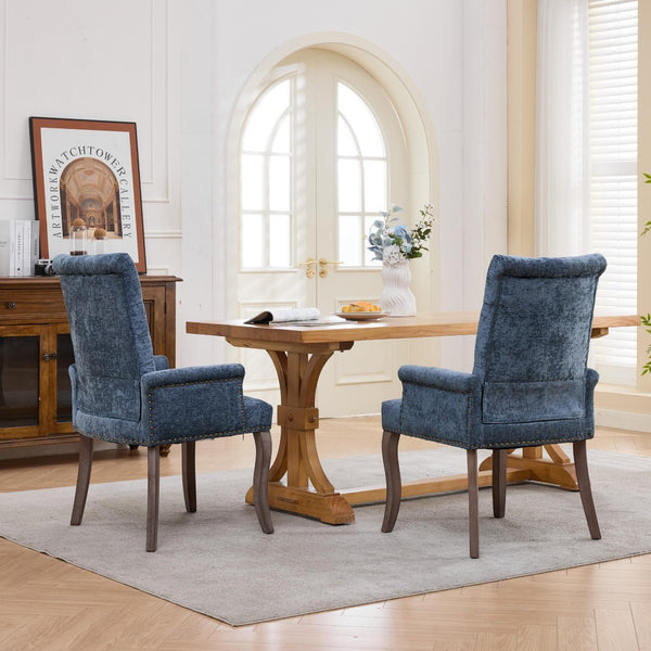 English Elm Upholstered Chenille Club Dining Chair Tufted High Back with Curved Solid Wood Legs Blue W1143P449346