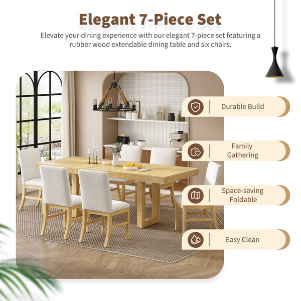 English Elm TOPMAX 7-Piece Extendable Dining Set with 12" Self-Hidden Butterfly Leaf and Upholstered Chairs, Distressed White Wire-Brushed Finish Natural SP000059AAA