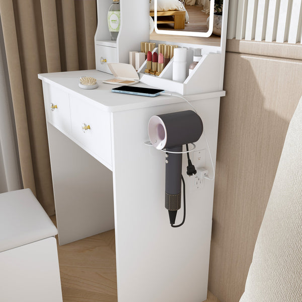 English Elm Modern Vanity Desk with Led Mirror 3 Drawers Built-in Outlet and Matching Chair White W509P465832
