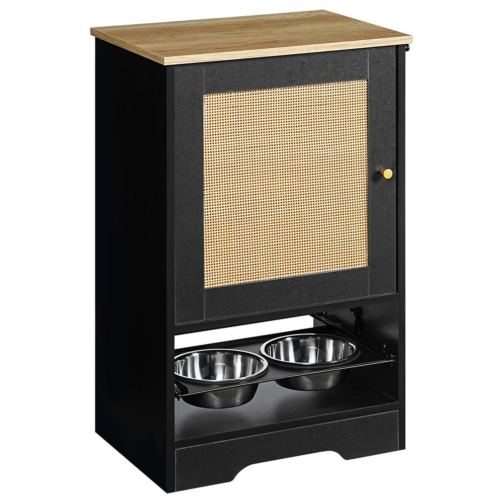 English Elm Feeding Station with Pull-Out Storage, 2 Elevated Stainless Bowls, Side Hooks, Anti-Tip, Black+Vintage W1687P246776