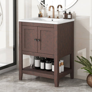 English Elm 24" Modern Sleek Bathroom Vanity with Ceramic Sink, Solid Wood Frame, Waterproof Finish and Open Shelf Storage Brown N725P246473D