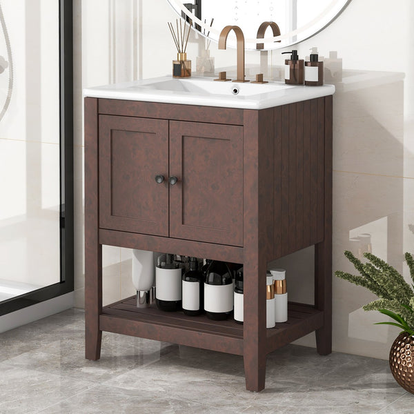 English Elm 24" Modern Sleek Bathroom Vanity with Ceramic Sink, Solid Wood Frame, Waterproof Finish and Open Shelf Storage Brown N725P246473D