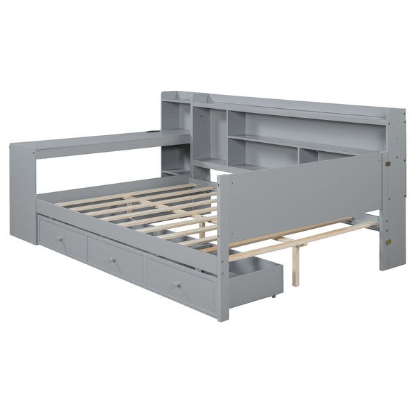 English Elm Full Size Wooden Daybed With 3 Storage Drawers, Built-In Desk & Usb Ports – Gray, Space-Saving Design N820S00018E