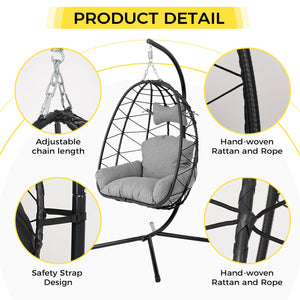 English Elm Hanging Egg Chair Pe Wicker Swing Seat with Stand Cushion for Patio or Bedroom T5880P497554