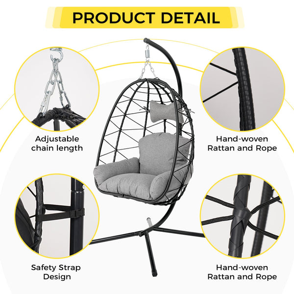 English Elm Hanging Egg Chair Pe Wicker Swing Seat with Stand Cushion for Patio or Bedroom T5880P497554